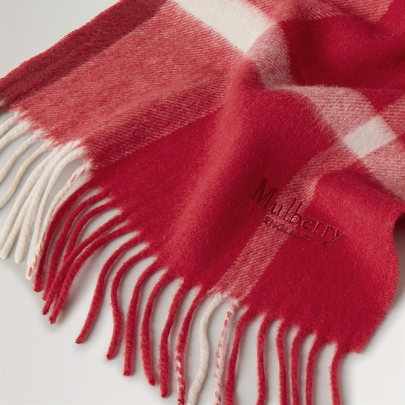 Mulberry Small Check Merino Wool Scarf Scarlet Red & Bright Oak